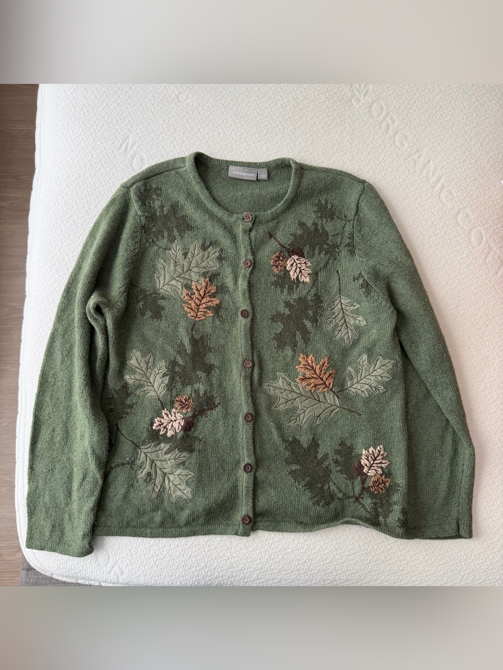 Vtg Croft & Barrow Embroidered Leaf Cardigan Green L Cottage Autumn Granny 90s